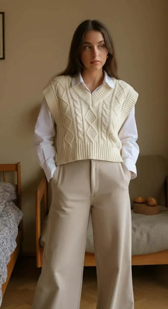 Cropped Cable Knit Vest And Wide-Leg Trousers