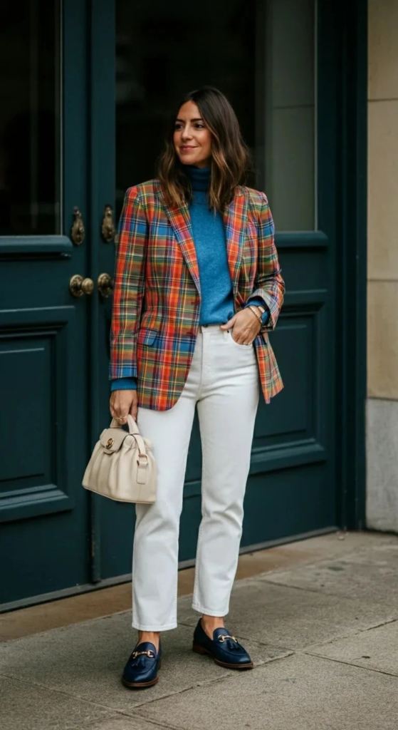 Madras Print Blazer With White Denim