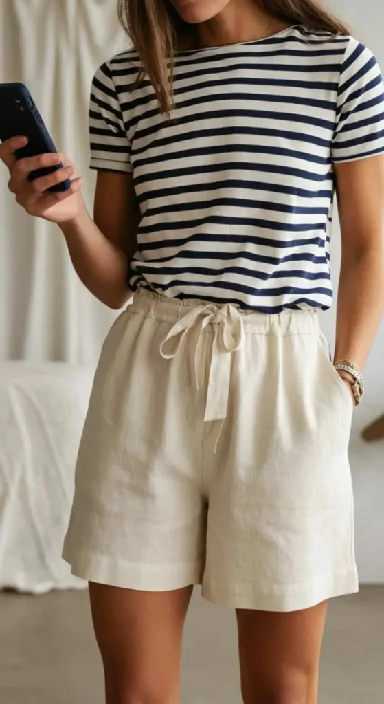 Linen Shorts And Striped Boatneck Top