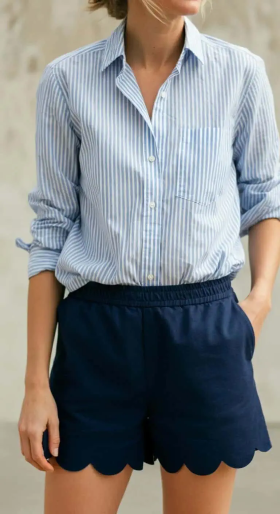 Scalloped Hem Shorts And Striped Shirt