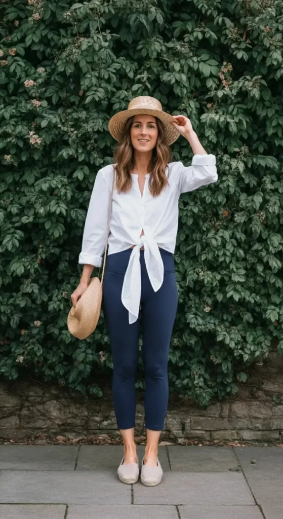 Tied Front Blouse With Capri Leggings