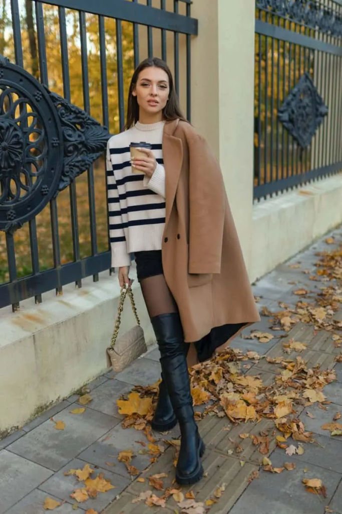 Camel Coat And Striped Sweater Combo