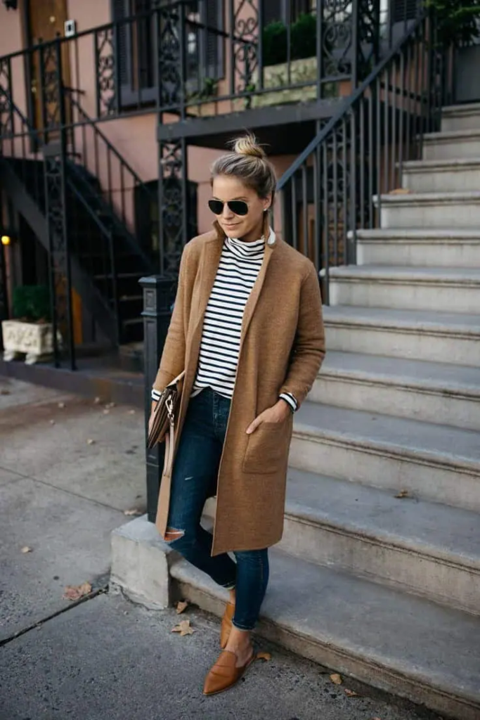 Camel Coat And Striped Turtleneck Combo
