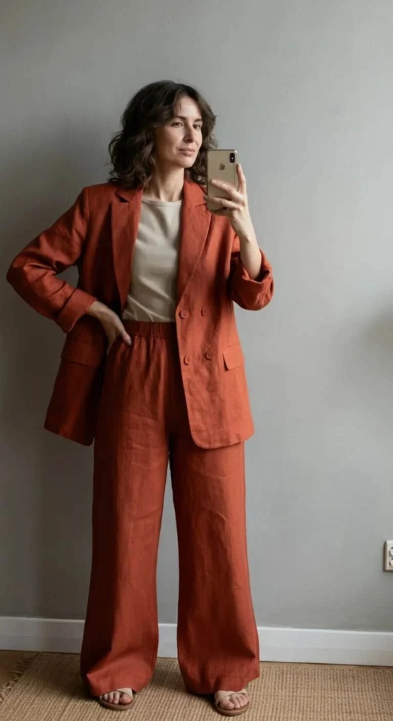 Structured Linen Set With Bold Accessories