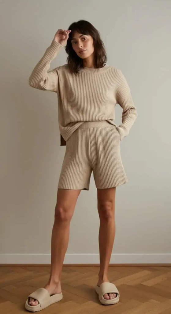 Ribbed Knit Set With Slides