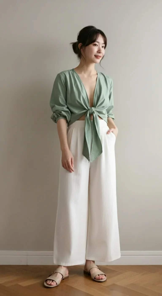 Tie-Front Blouse And Palazzo Pants