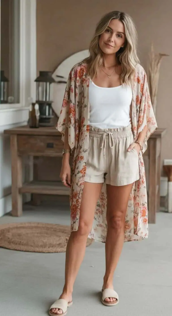 Kimono-Style Cover-Up With Tank And Shorts