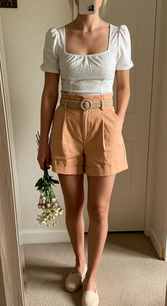 Puff Sleeve Blouse And Paperbag Waist Shorts