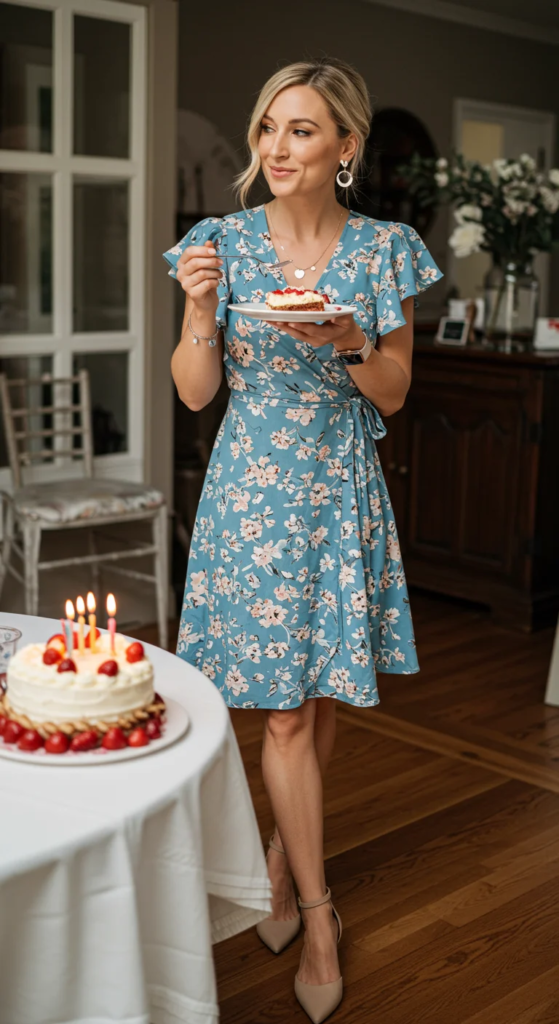 Floral Wrap Dress And Ankle Strap Flats