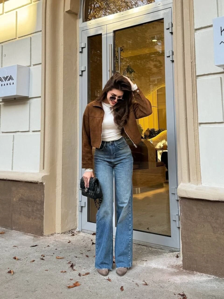 Brown Suede Jacket With Classic Jeans