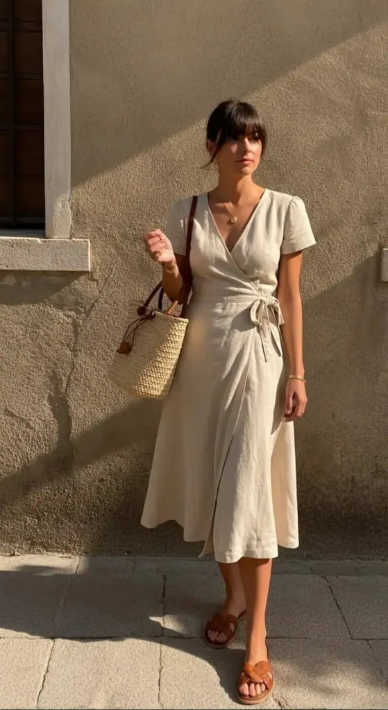Linen Wrap Dress With Woven Accessories