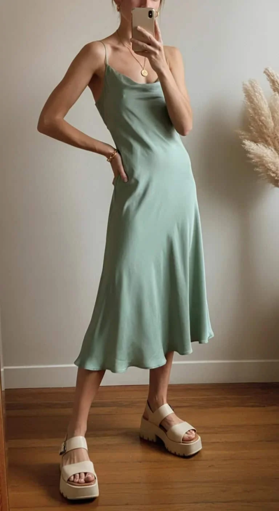 Silk Midi Dress With Chunky Sandals