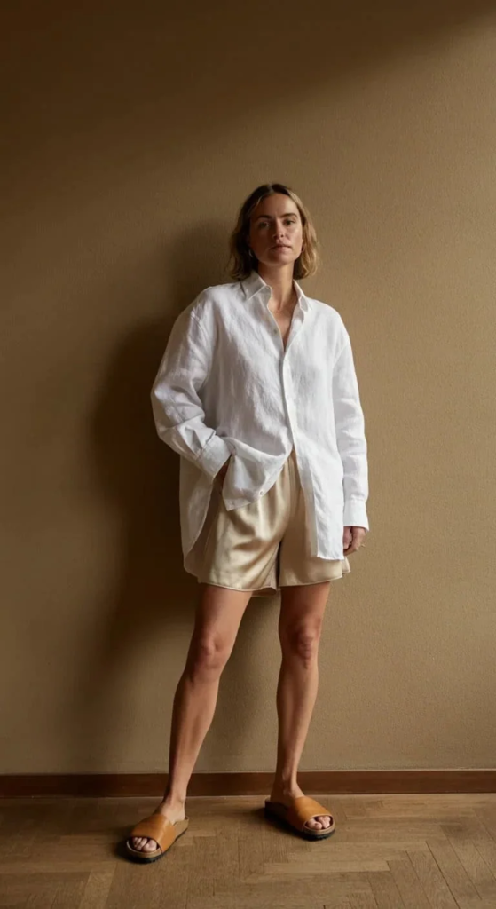Oversized Button-Down And Silk Shorts
