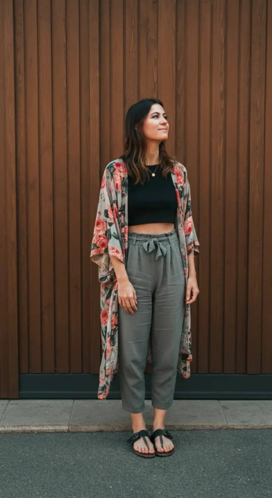 Printed Kimono And Monochrome Base