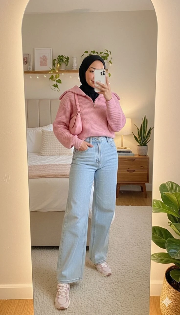Pink Ribbed Hoodie With Wide-Leg Jeans