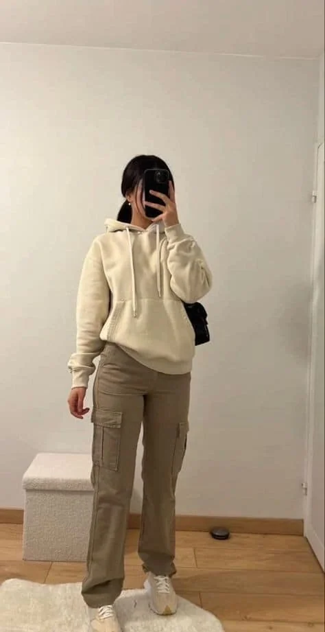 Cream Hoodie With Cargo Pants Combo