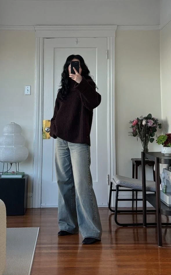 Oversized Burgundy Knit with Wide-Leg Jeans