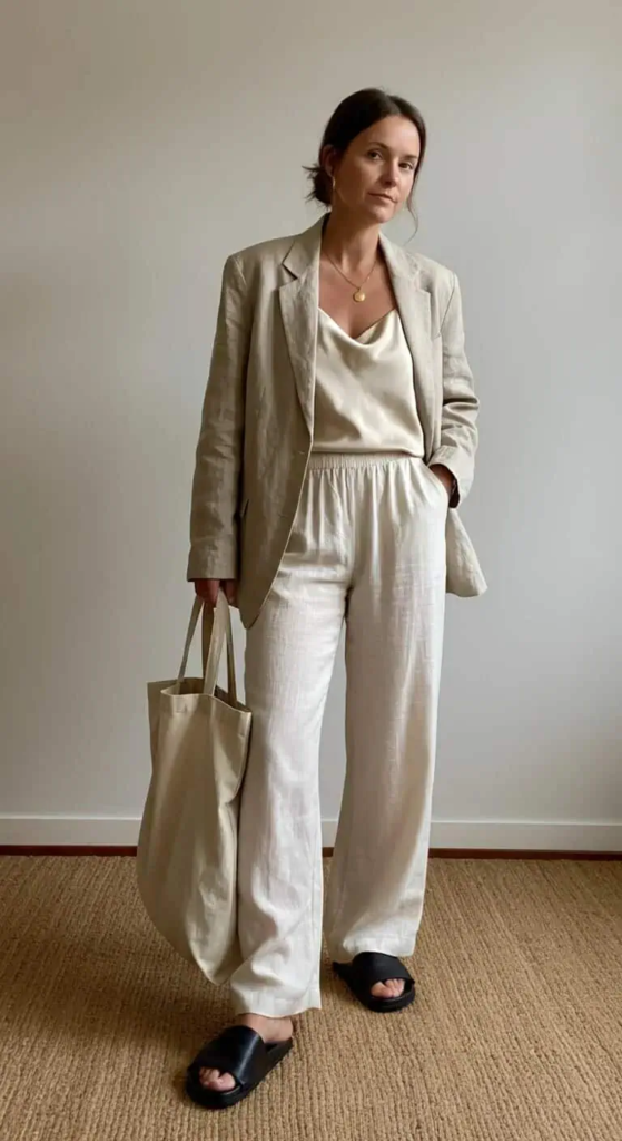 Oversized Linen Blazer With Silk Tank And Wide-Leg Pants