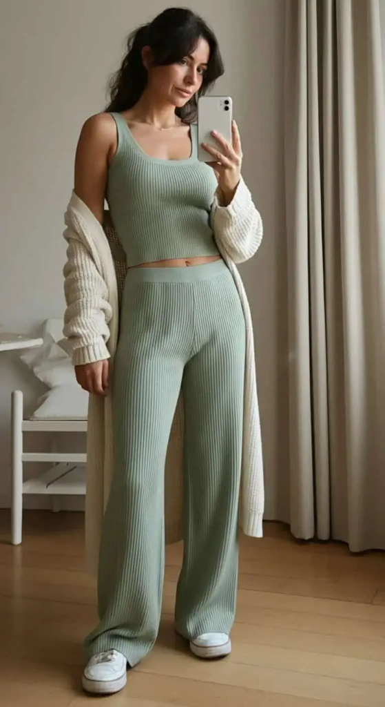 Ribbed Knit Set With Longline Cardigan