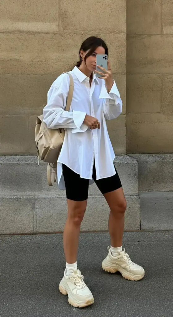 Oversized Button-Down With Bike Shorts