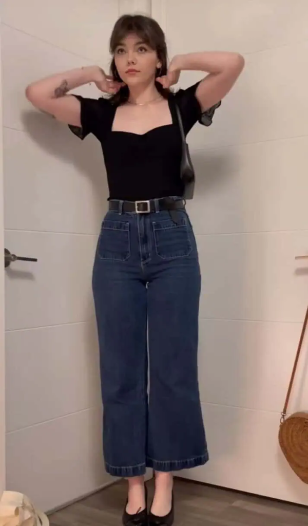 Black Top with High-Waisted Jeans