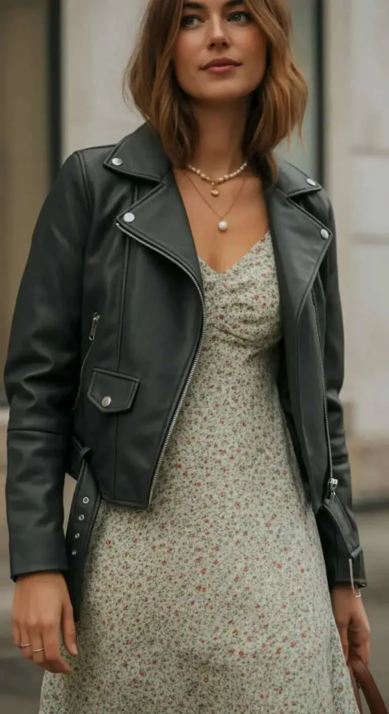 Leather Jacket With A Floral Dress