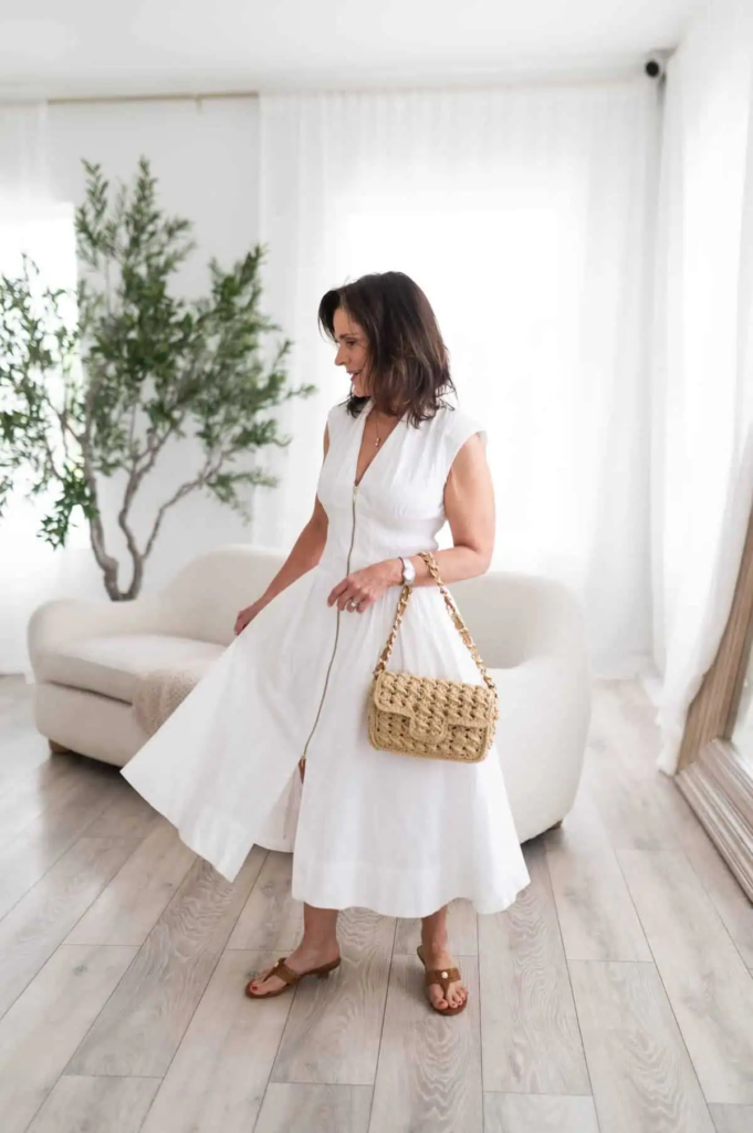 Crisp White Dress With Woven Accessories