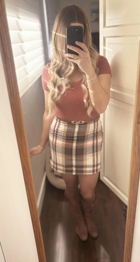 Plaid Skirt And Rust Top Combo