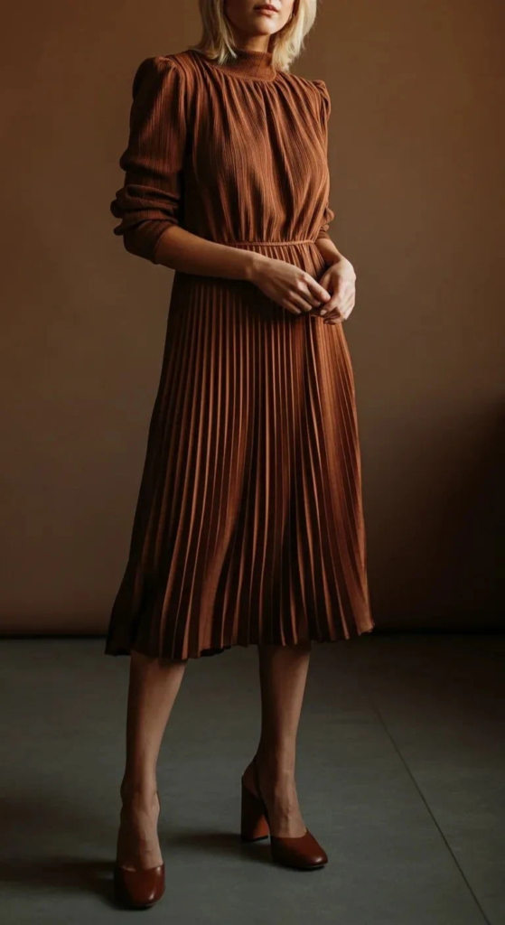 Pleated Midi Dress With Block Heels