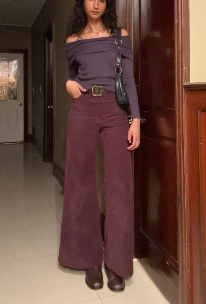 Off-Shoulder Top with Burgundy Pants