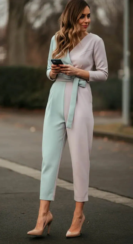 Pastel Jumpsuit With Nude Pumps