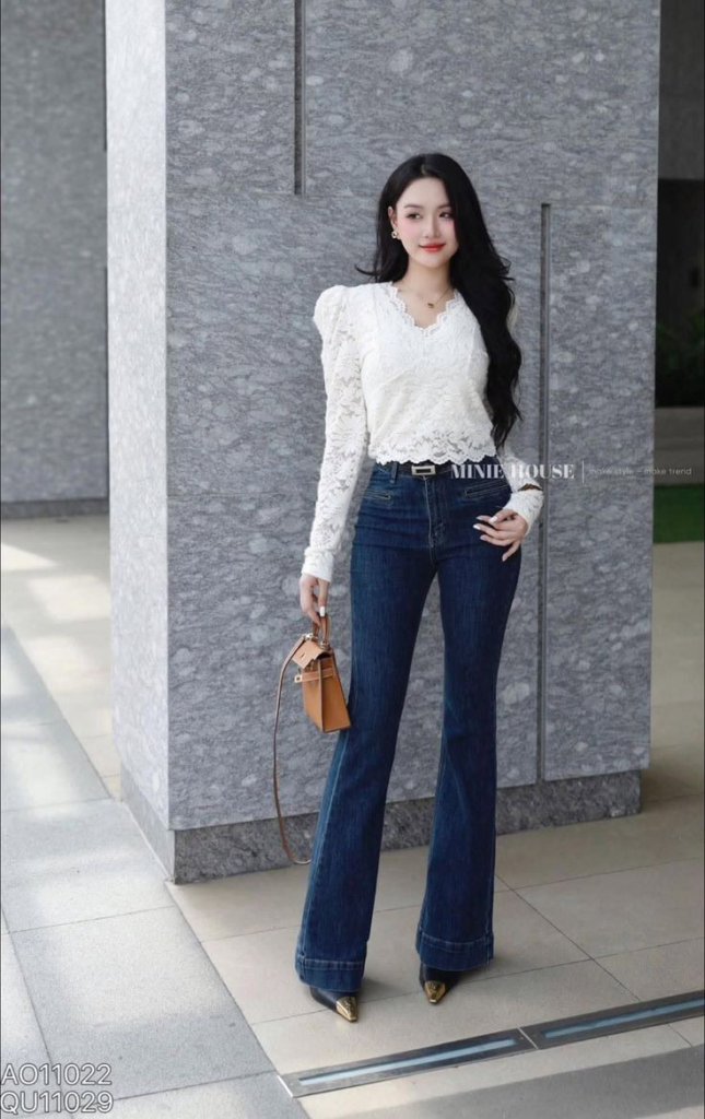 Lace Top with Flared Denim