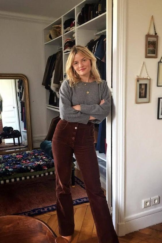 Cozy Grey Sweater With Burgundy Velvet Pants