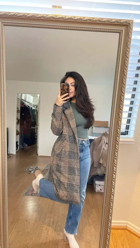 Chic Plaid Coat and Denim Combo