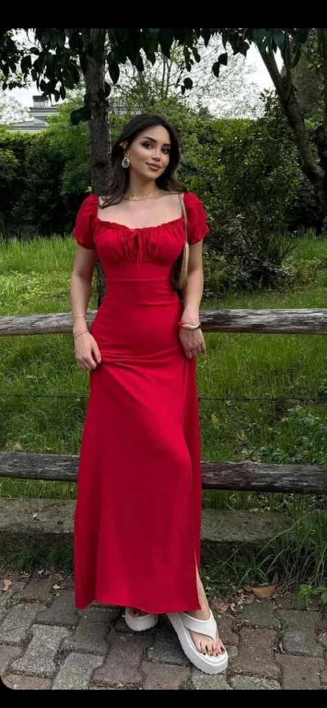 Classic Red Maxi Dress With Pearl Details
