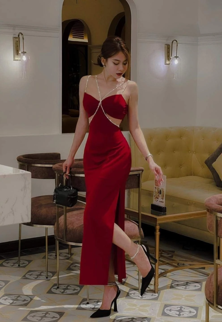 Elegant Red Velvet Cutout Gown