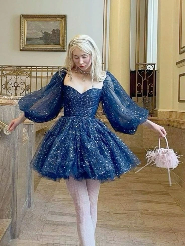 Sparkly Navy Puff Sleeve Dress