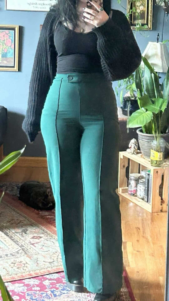 Vibrant Teal Trousers with Cozy Cardigan