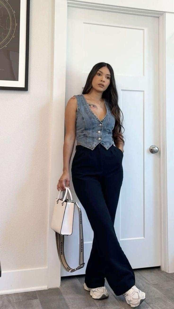 Denim Vest and Wide-Leg Pants