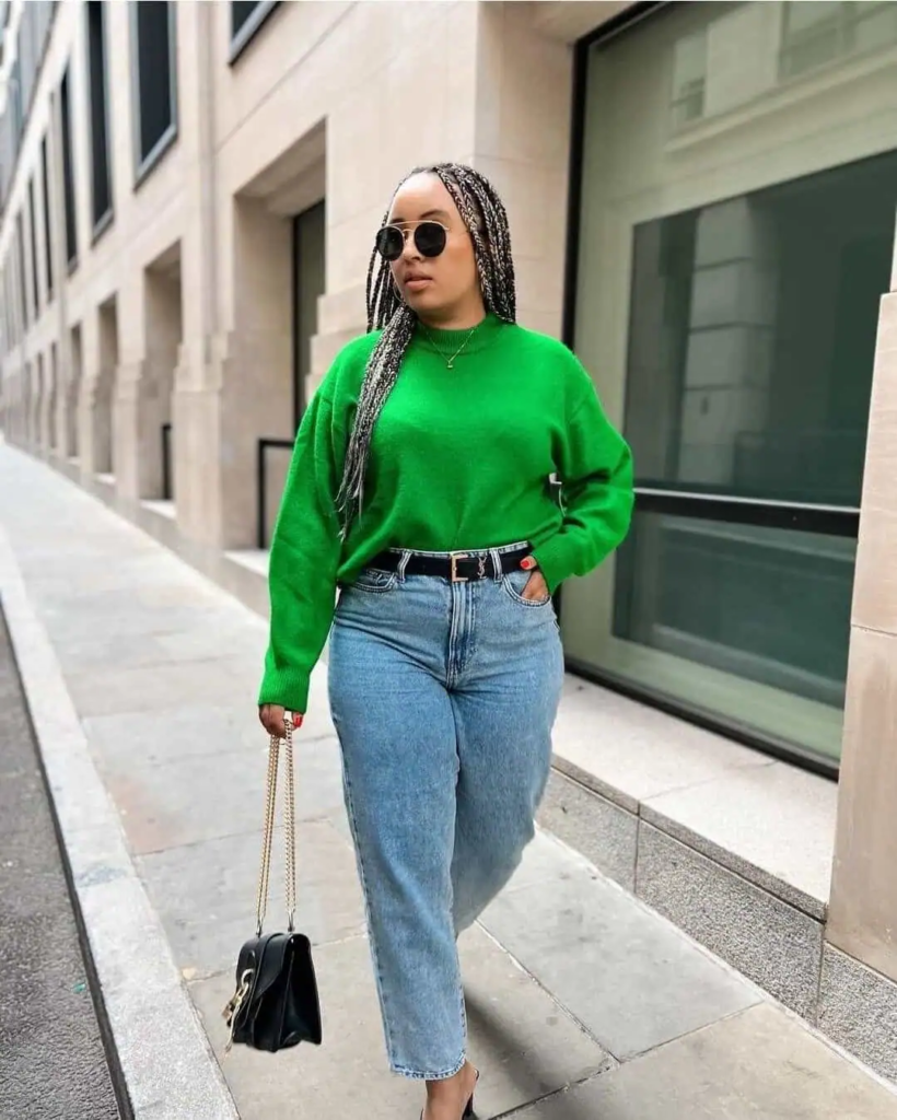 Vibrant Green Sweater with Classic Denim