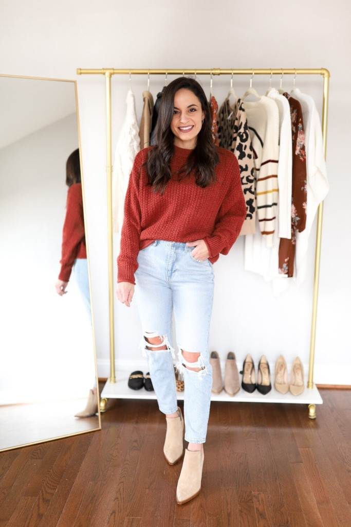 Rust Sweater With Distressed Jeans