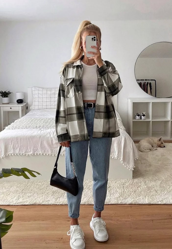 Plaid Shacket And Mom Jeans Combo
