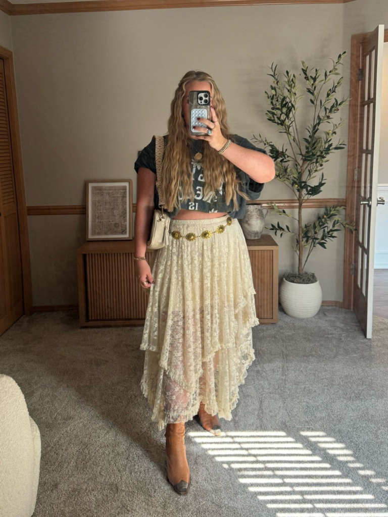 Graphic Tee With Lace Skirt Elegance