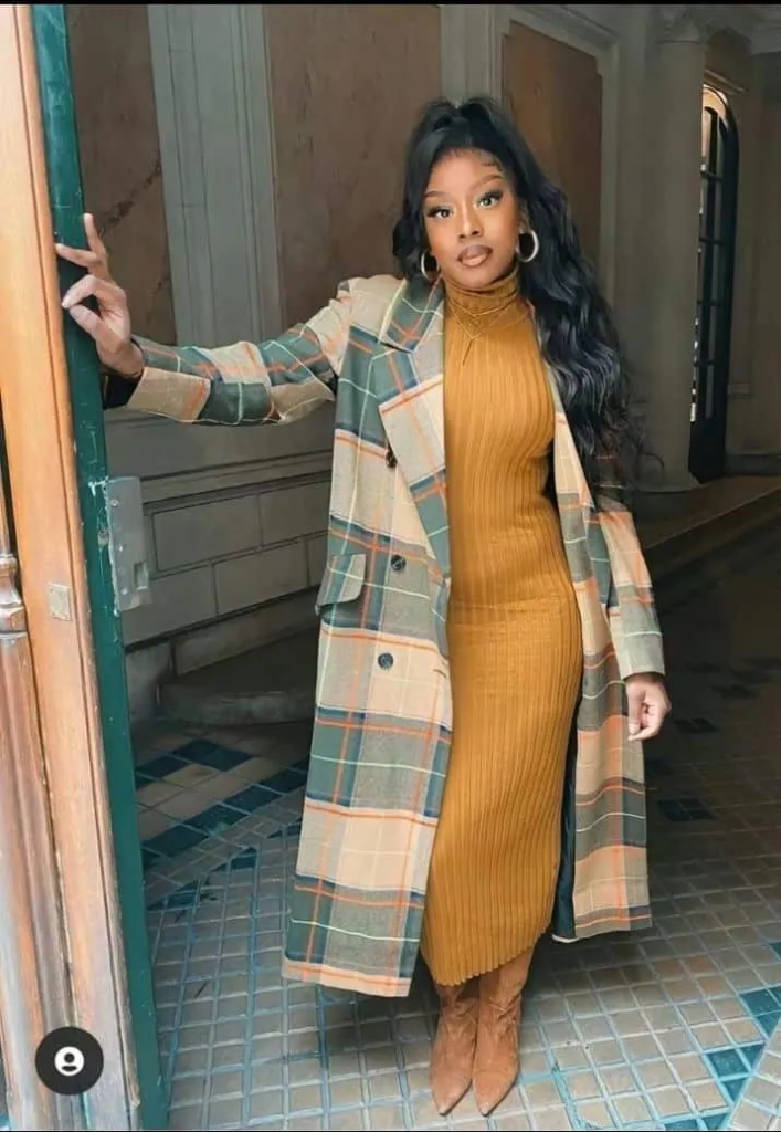 Plaid Coat and Ribbed Dress Combo