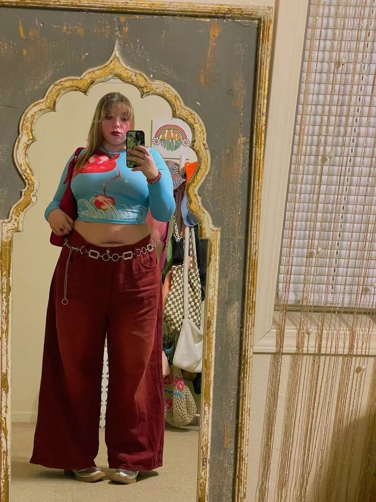 Bold Blue Crop Top With Burgundy Pants