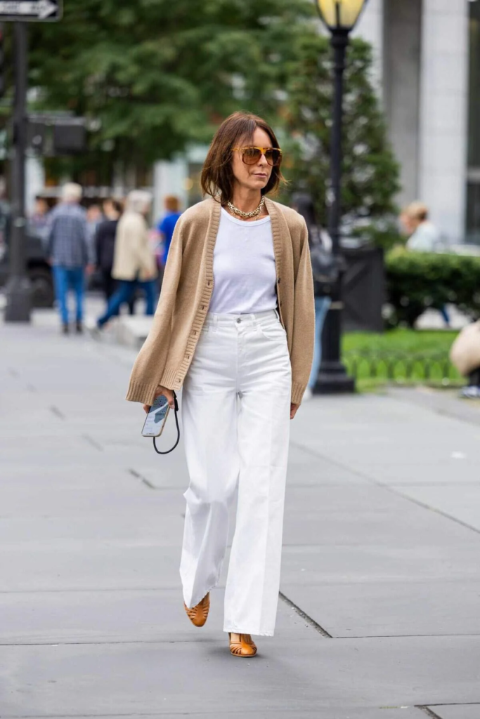 Camel Cardigan and White Wide-Leg Pants