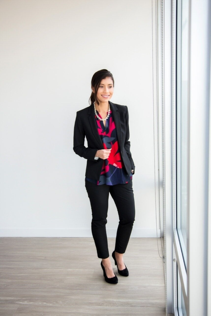 Classic Blazer with Bold Patterned Blouse