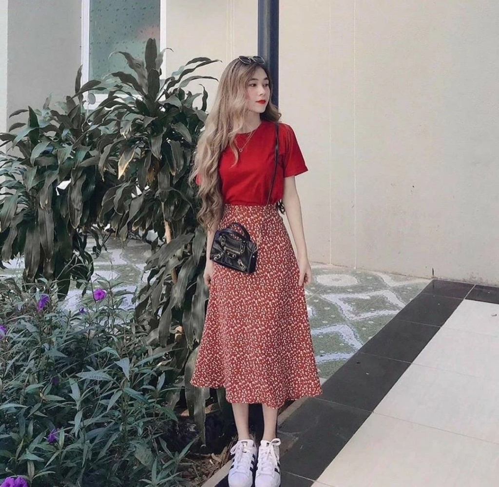 Red Tee and Floral Midi Skirt