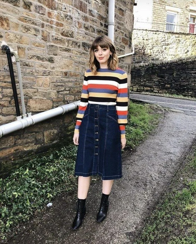 Rainbow Stripes with Denim Midi Skirt