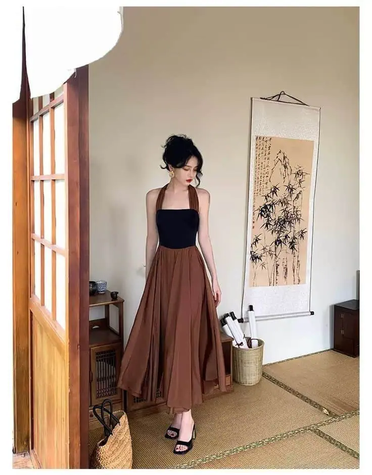 Classic Black and Caramel Midi Dress